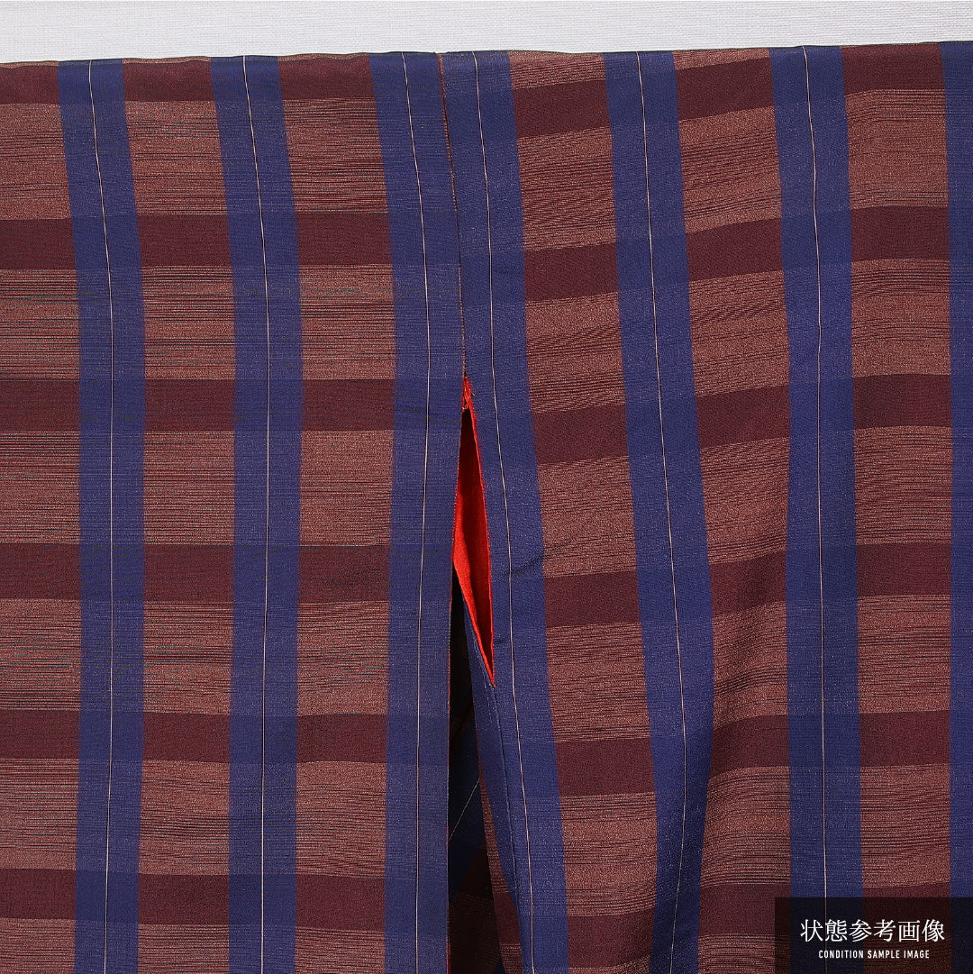 アンティーク 小紋 袷 身丈155cm 裄丈63cm 正絹 Dランク Mサイズ 広衿 格子 茶系 青系 1215-15576