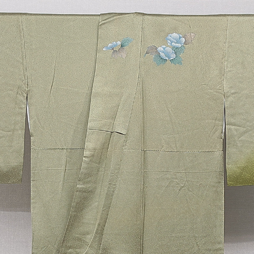 訪問着 袷 身丈161cm 裄丈67cm 正絹 Cランク Lサイズ 広衿 セミフォーマル 牡丹 緑系 1212-15660