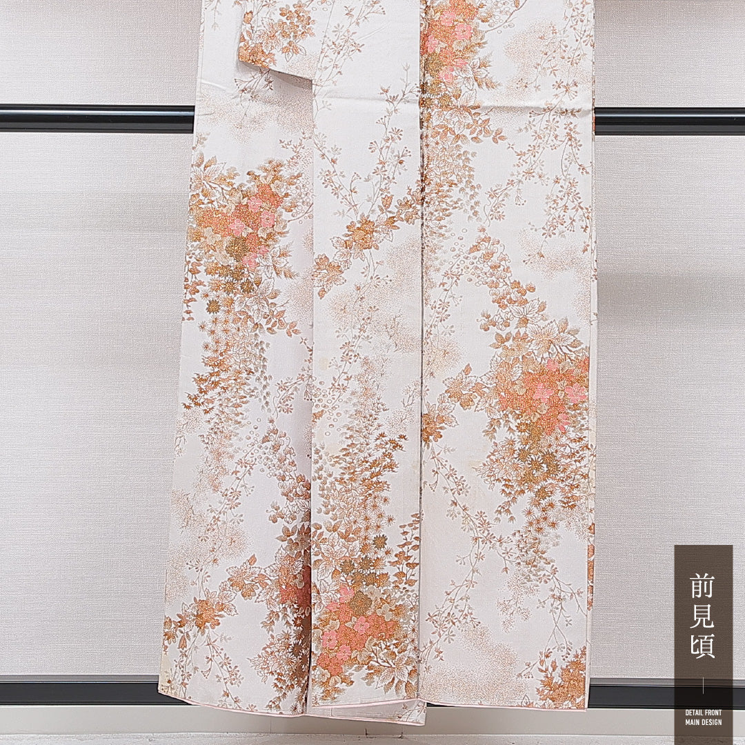 お召 袷 身丈152cm 裄丈63cm 正絹 Cランク Sサイズ 広衿 インフォーマル 牡丹 白系 金系 1265-15742