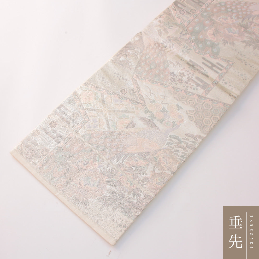 袋帯 帯丈432cm 正絹 六通 フォーマル 佐賀錦 孔雀 吉祥文様 銀系 1243-02301