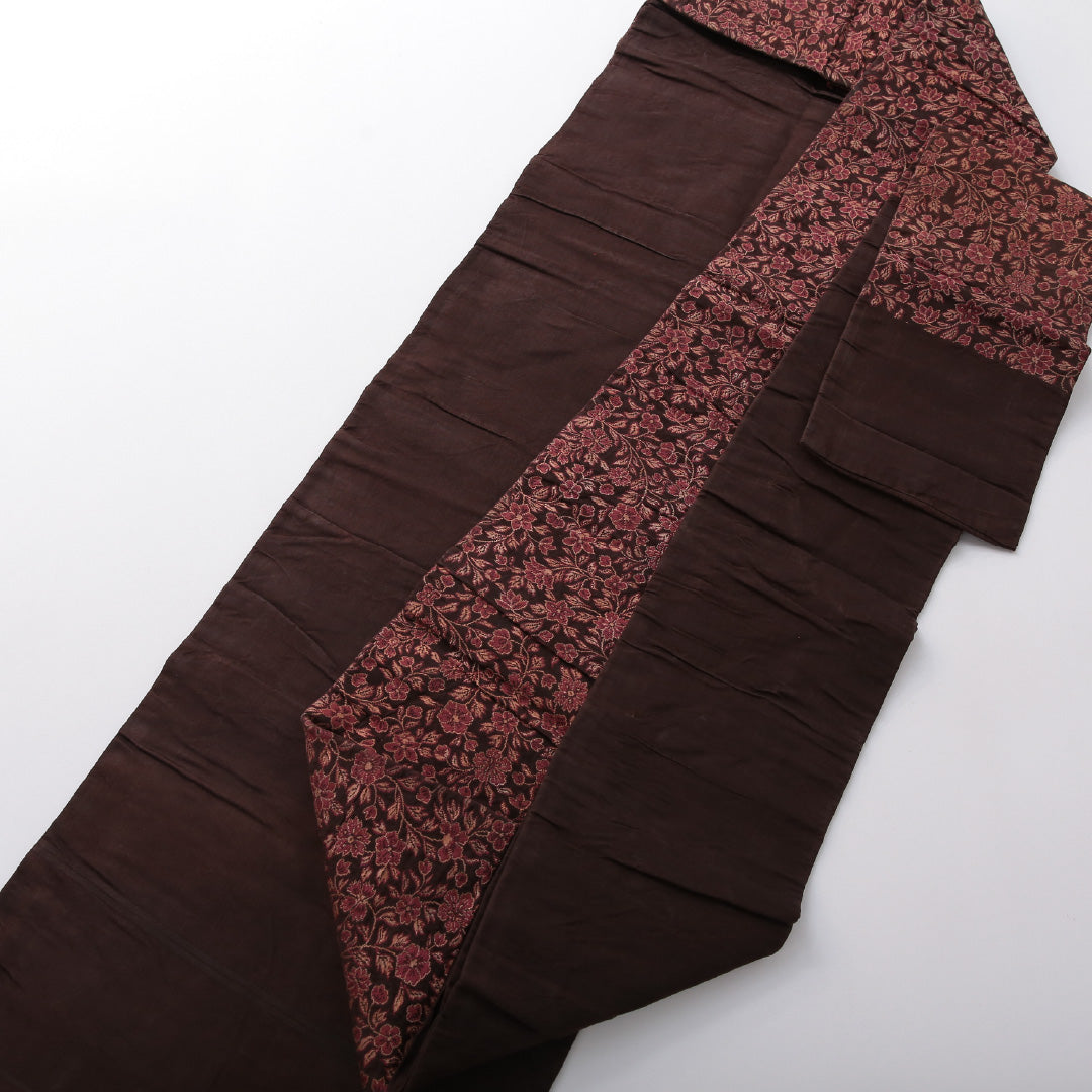 アンティーク 九寸名古屋帯 帯丈315cm 名古屋仕立て 六通 Cランク 正絹 唐草 茶系 1224-03694