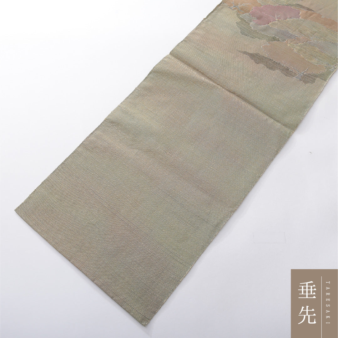 八寸名古屋帯 Sランク 帯丈332cm 正絹 ポイント柄 松葉仕立て 織り カジュアル 紬 抽象柄 くすんだ緑系 RP 1245-03932