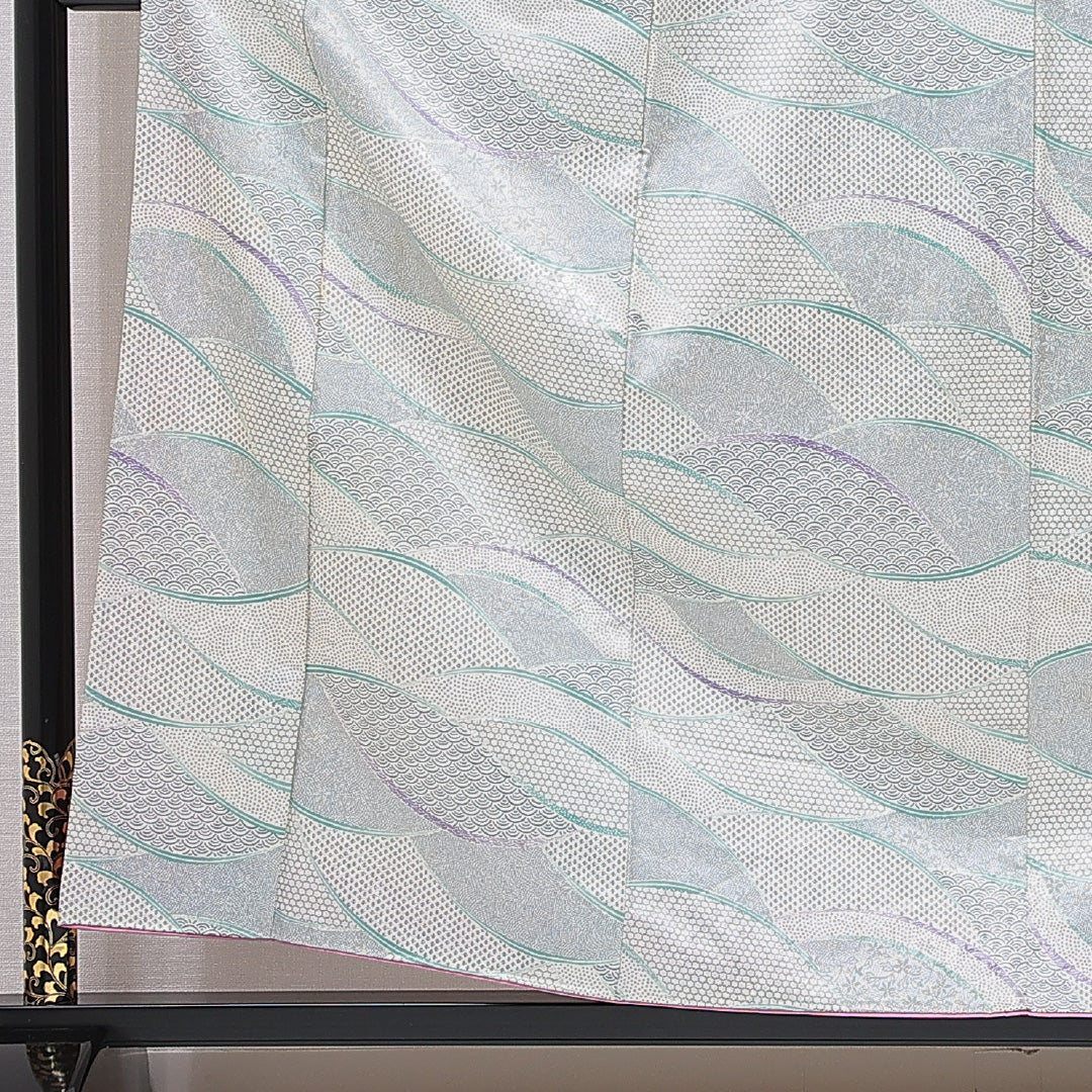 小紋 洗える着物 袷 身丈158cm 裄丈66cm ポリエステル Cランク Mサイズ バチ衿 インフォーマル 吉祥文様 グレー系 1215-15785