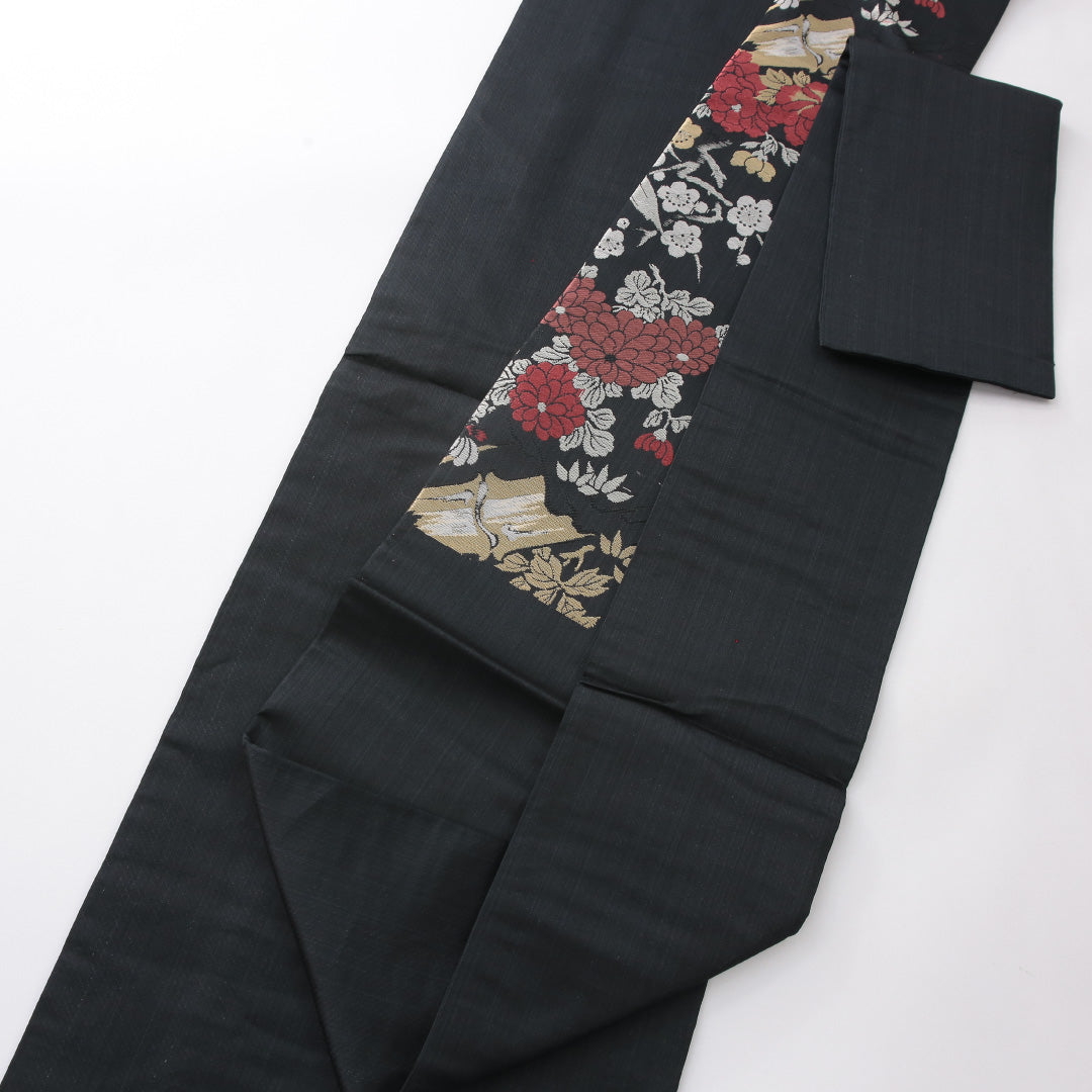 アンティーク 九寸名古屋帯 帯丈342cm 名古屋仕立て 六通 Aランク 正絹 大島織 牡丹 菊 黒系 1224-03970
