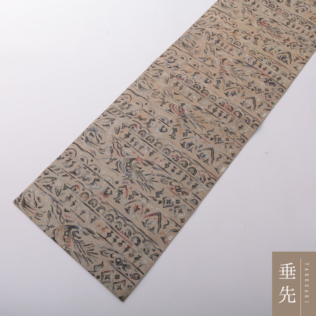 八寸名古屋帯 帯丈357cm カジュアル 名古屋仕立て 六通 帯芯なし Cランク 正絹 創作柄 ベージュ系 1224-03541