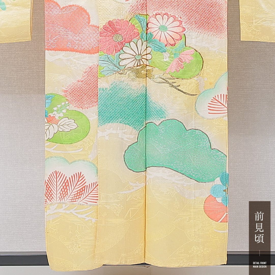 振袖 袷 身丈154cm 裄丈61cm フォーマル Cランク Sサイズ 正絹 広衿 菊 刺繍 金駒刺繍 1213-F0688