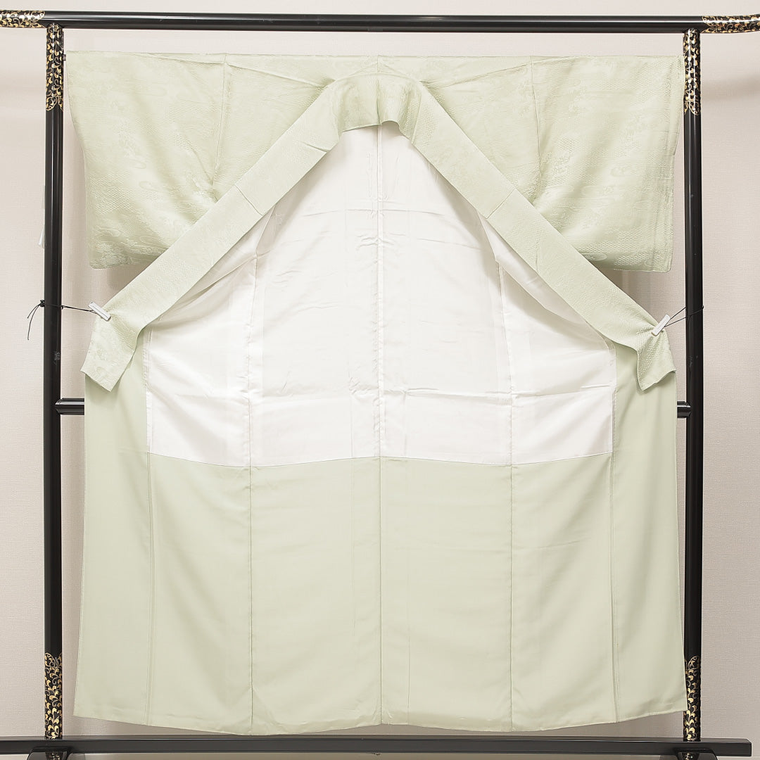 色無地 袷 身丈157cm 裄丈68cm 正絹 Cランク Mサイズ 広衿 インフォーマル 紋意匠 吉祥文様 緑系 1214-16893