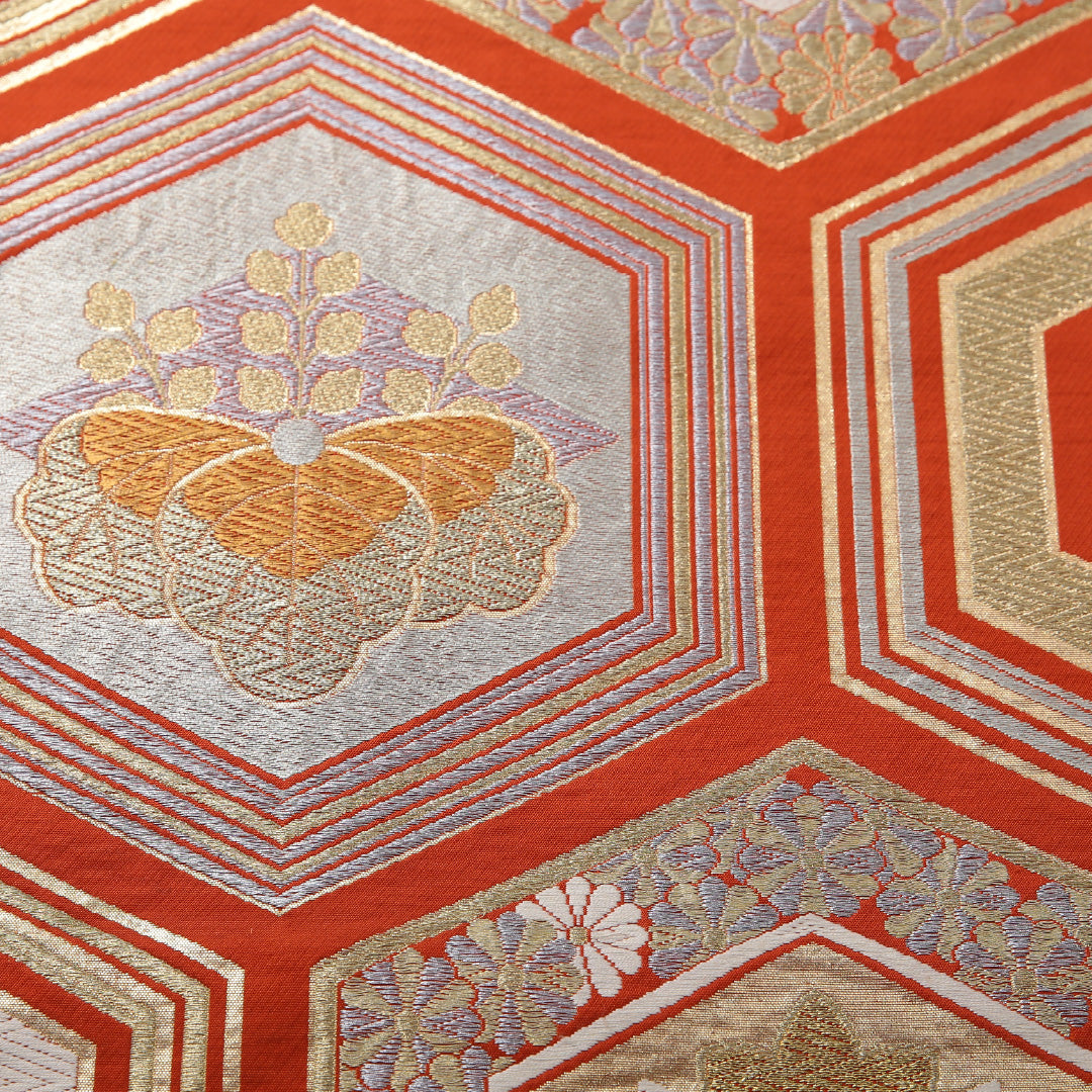 アンティーク 袋帯 帯丈412cm 六通 Aランク 正絹 家紋柄 亀甲 朱系 1223-02075