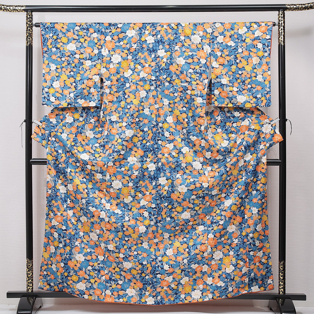洗える着物 小紋 袷 身丈163cm 裄丈63cm ポリエステル Sランク インフォーマル 広衿 Lサイズ 花柄 多色系 RP 1221-15853