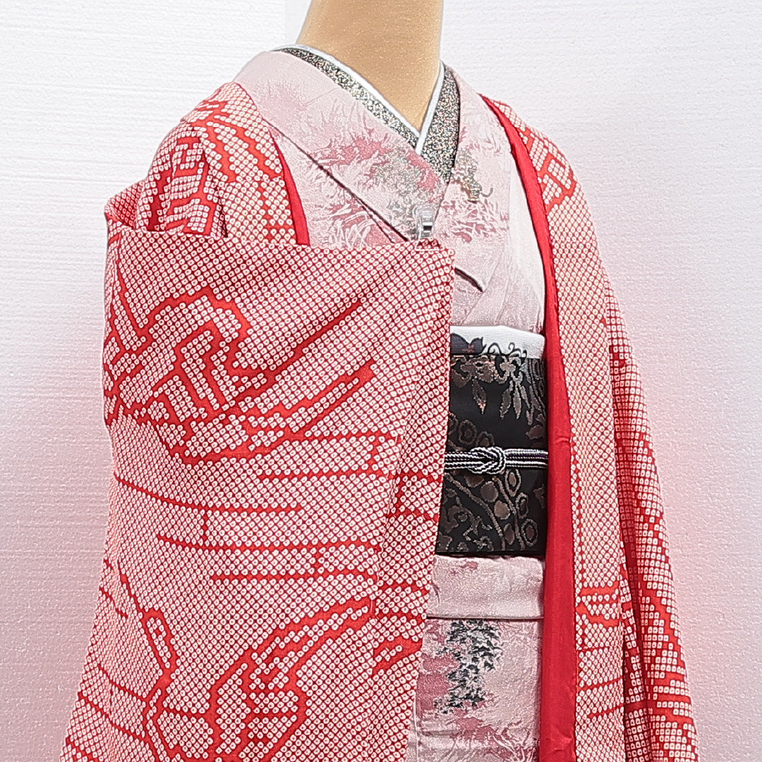 アンティーク 羽織 袷 身丈124cm 裄丈61cm 正絹 Aランク Sサイズ 鹿の子 鶴 赤系 1217-16186