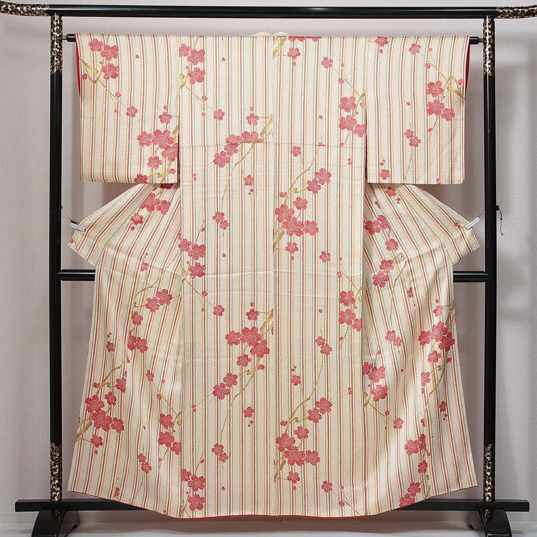 小紋 袷 身丈155cm 裄丈62cm レーヨン Cランク インフォーマル 広衿 Mサイズ 証紙 縞 桜 クリーム系 LP 1221-15009