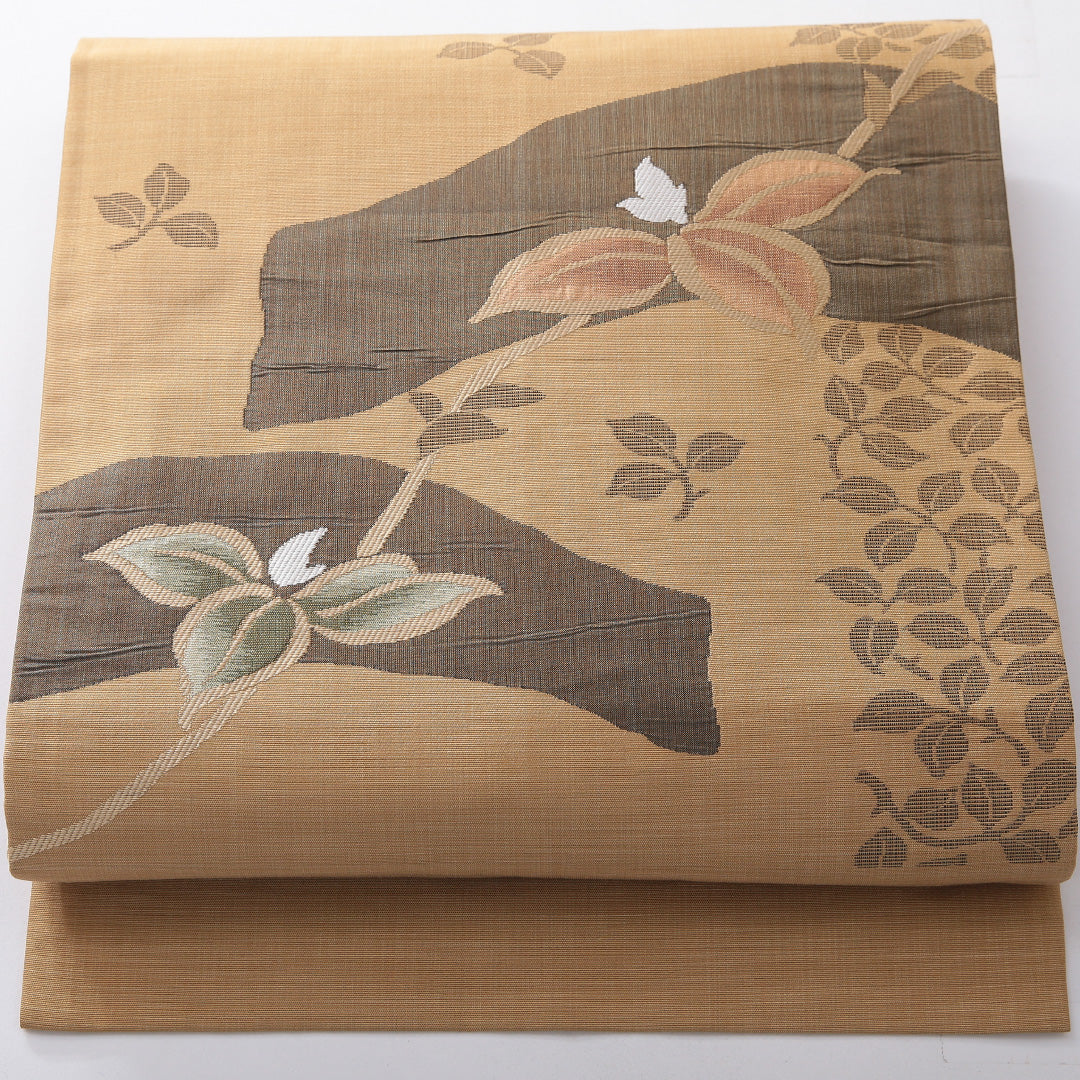 九寸名古屋帯 帯丈361cm カジュアル 名古屋仕立て ポイント柄 Dランク 正絹 ふくれ織 植物柄 ベージュ系 1224-03918