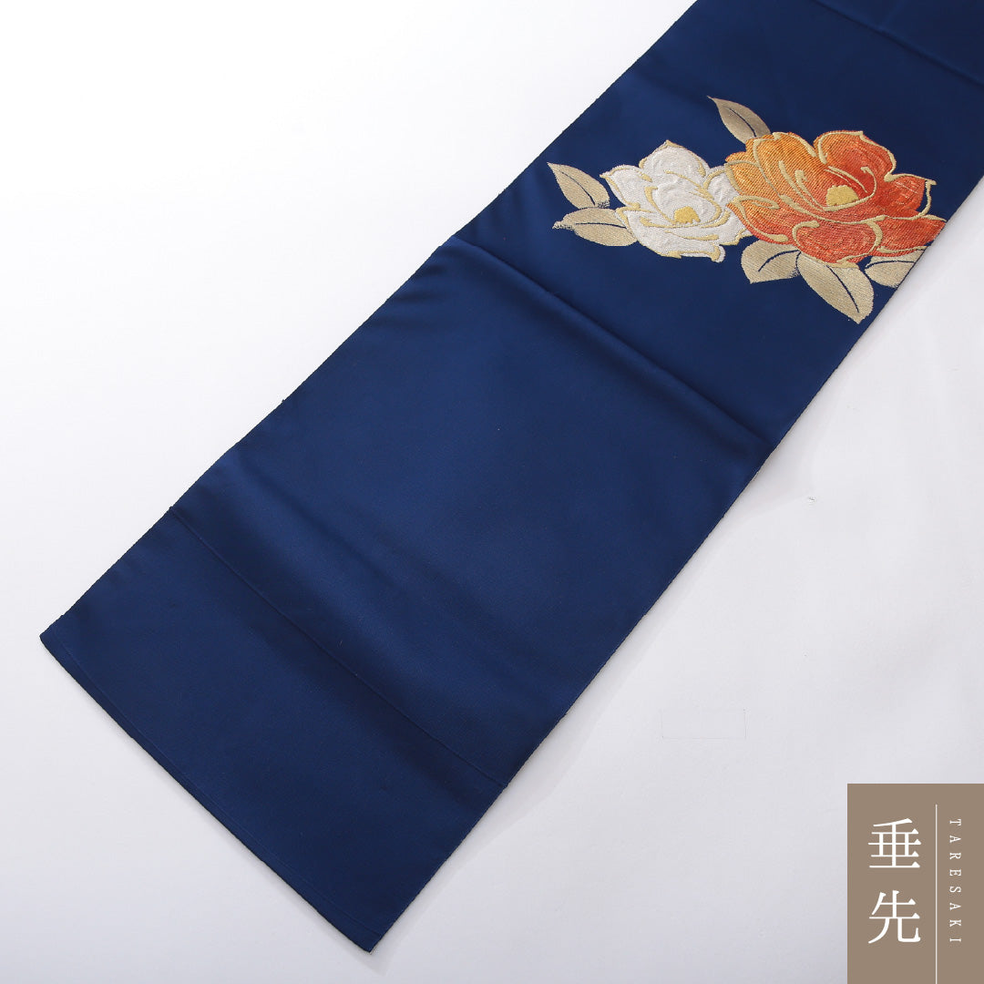 八寸名古屋帯 Sランク 帯丈363cm 正絹 ポイント柄 名古屋仕立て 織り インフォーマル 椿 紺系 RP 1245-03945
