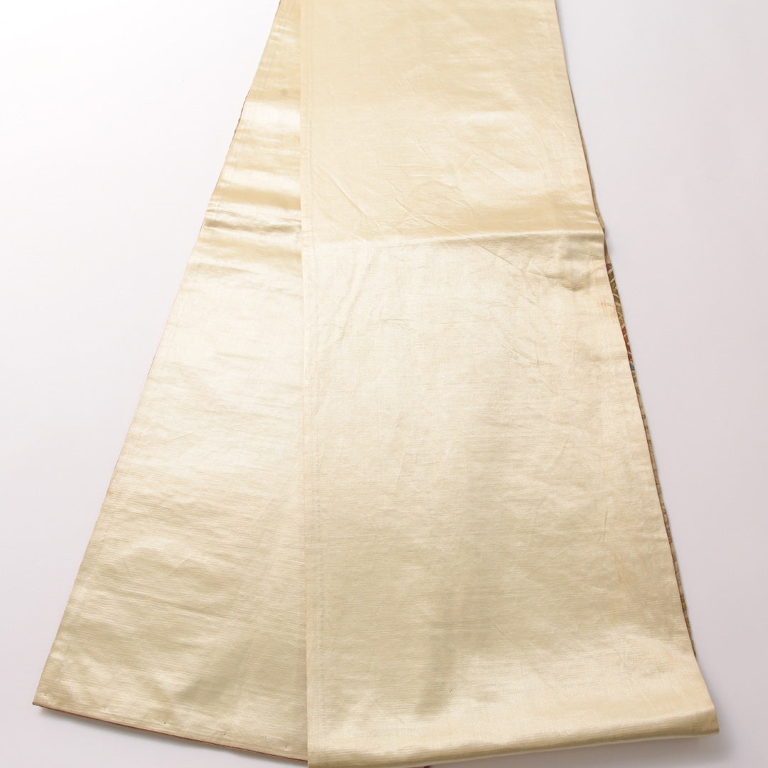 袋帯 帯丈400cm 正絹 六通 セミフォーマル 花菱亀甲 芝草 茶系 黄系 1243-01868