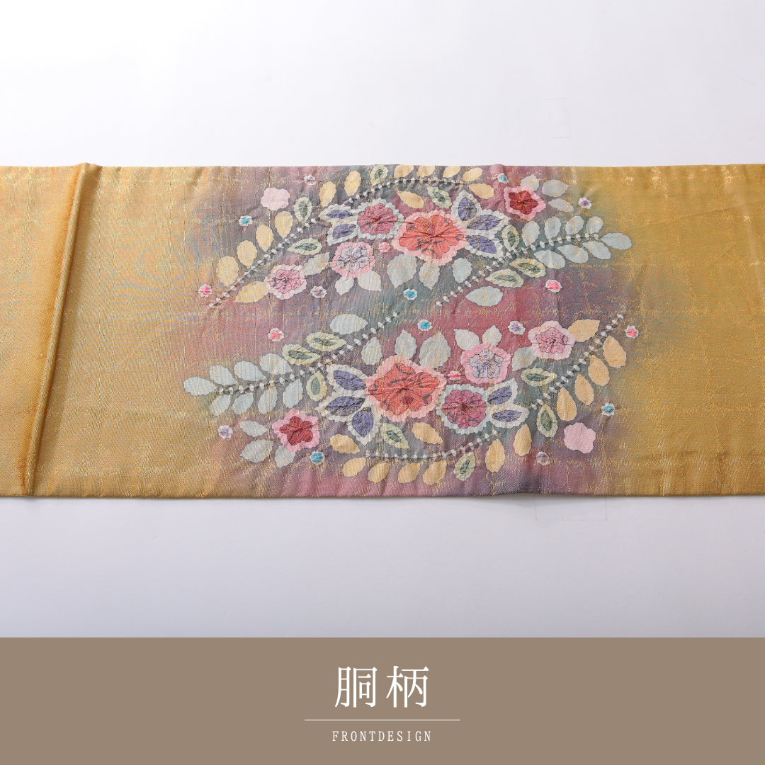 袋帯 帯丈448cm 正絹 ポイント柄 帯芯なし フォーマル ふくれ織 辻が花 落款 黄系 1243-02111