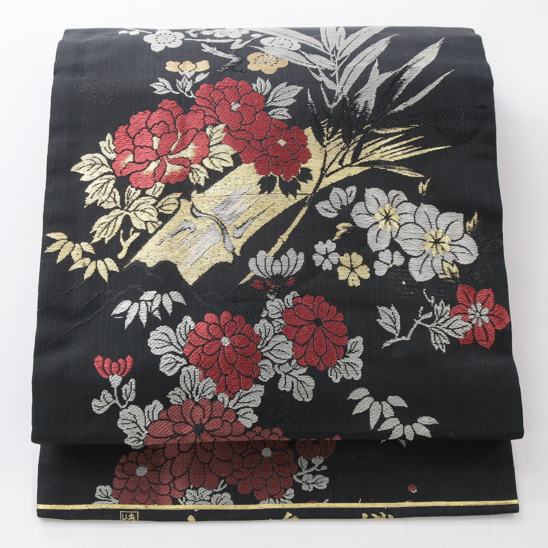 アンティーク 九寸名古屋帯 帯丈342cm 名古屋仕立て 六通 Aランク 正絹 大島織 牡丹 菊 黒系 1224-03970