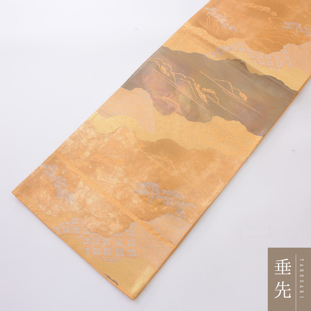 袋帯 帯丈422cm 正絹 六通 フォーマル 楼閣 道長取り 山水 朱系 クリーム系 1243-02189