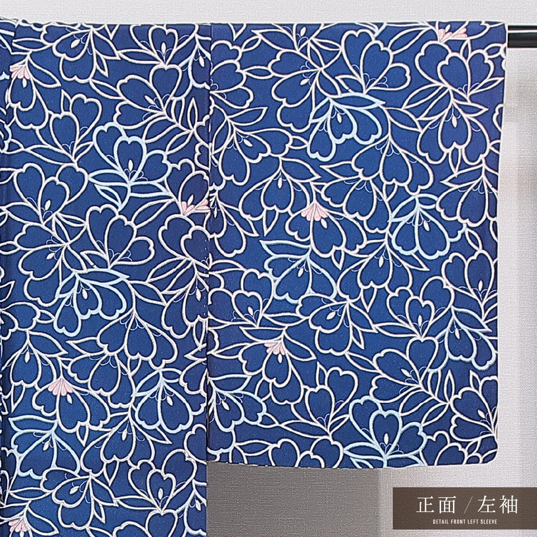小紋 袷 身丈155cm 裄丈62cm 正絹 Cランク インフォーマル バチ衿 Mサイズ 花柄 青系 HP 1221-15568