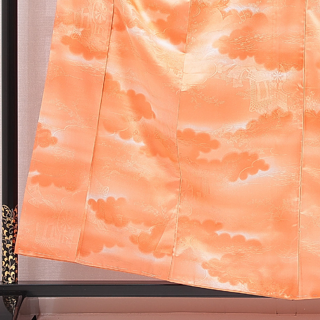 色無地 洗える着物 袷 身丈156cm 裄丈64cm ポリエステル Sランク Mサイズ 広衿 インフォーマル 紋意匠 古典柄 朱系 1214-16024