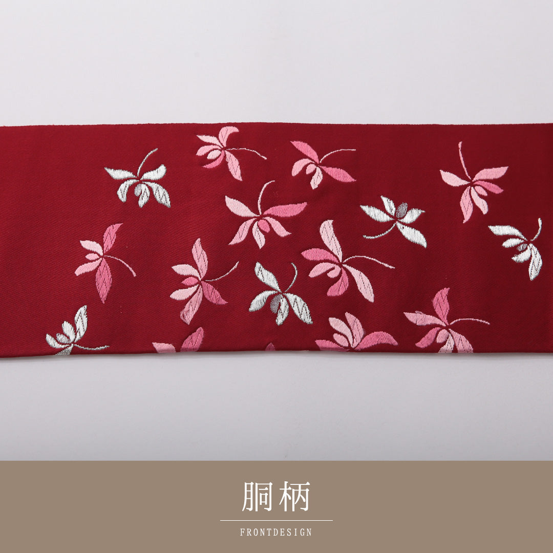 八寸名古屋帯 帯丈345cm カジュアル 名古屋仕立て ポイント柄 Sランク 正絹 植物柄 赤系 1224-03423