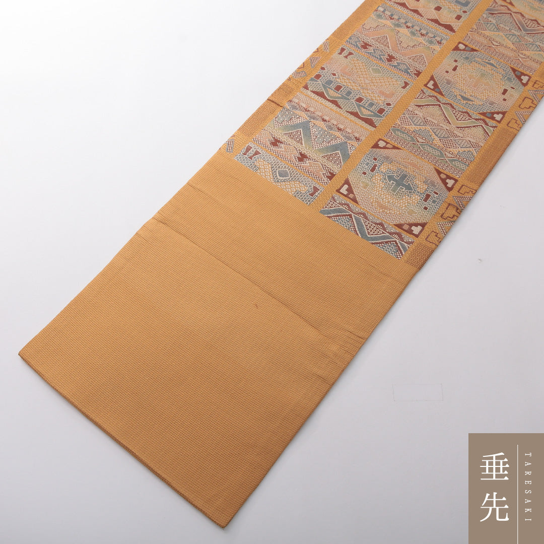 九寸名古屋帯 Aランク 帯丈343cm 正絹 ポイント柄 名古屋仕立て 織り カジュアル 幾何学柄 黄系 RP 1245-03733