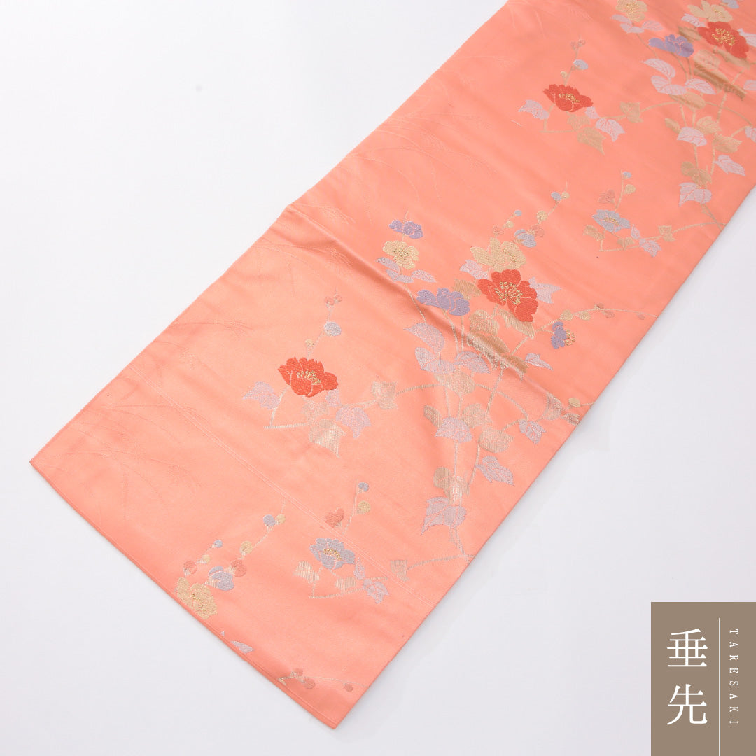 未使用品 九寸名古屋帯 Nランク 帯丈354cm 正絹 六通 名古屋仕立て 織り インフォーマル 花柄 朱の混ざったピンク系 RP 1245-04152