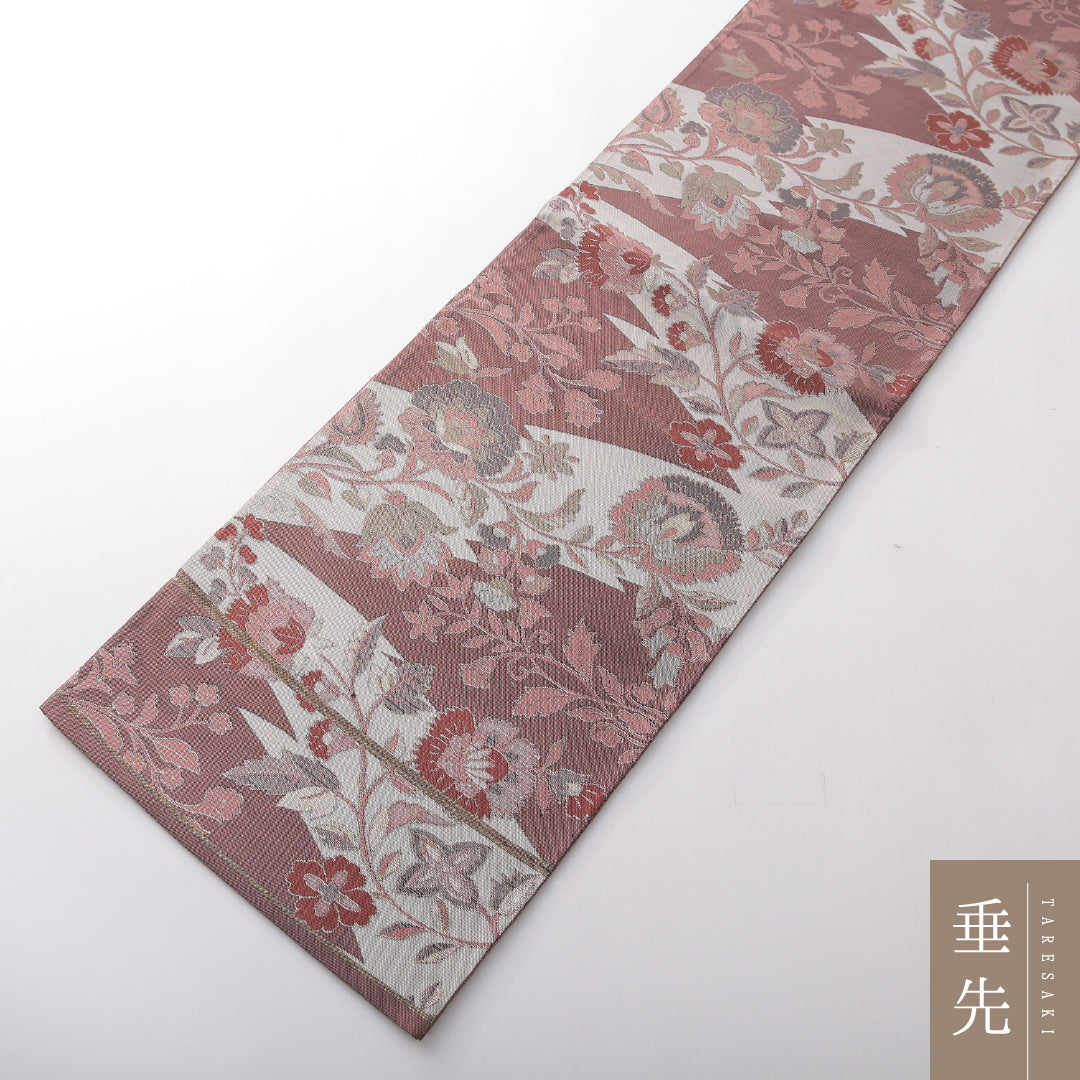 袋帯 帯丈408cm 正絹 六通 セミフォーマル 綴れ織 唐草華文 ピンク系 1243-02128