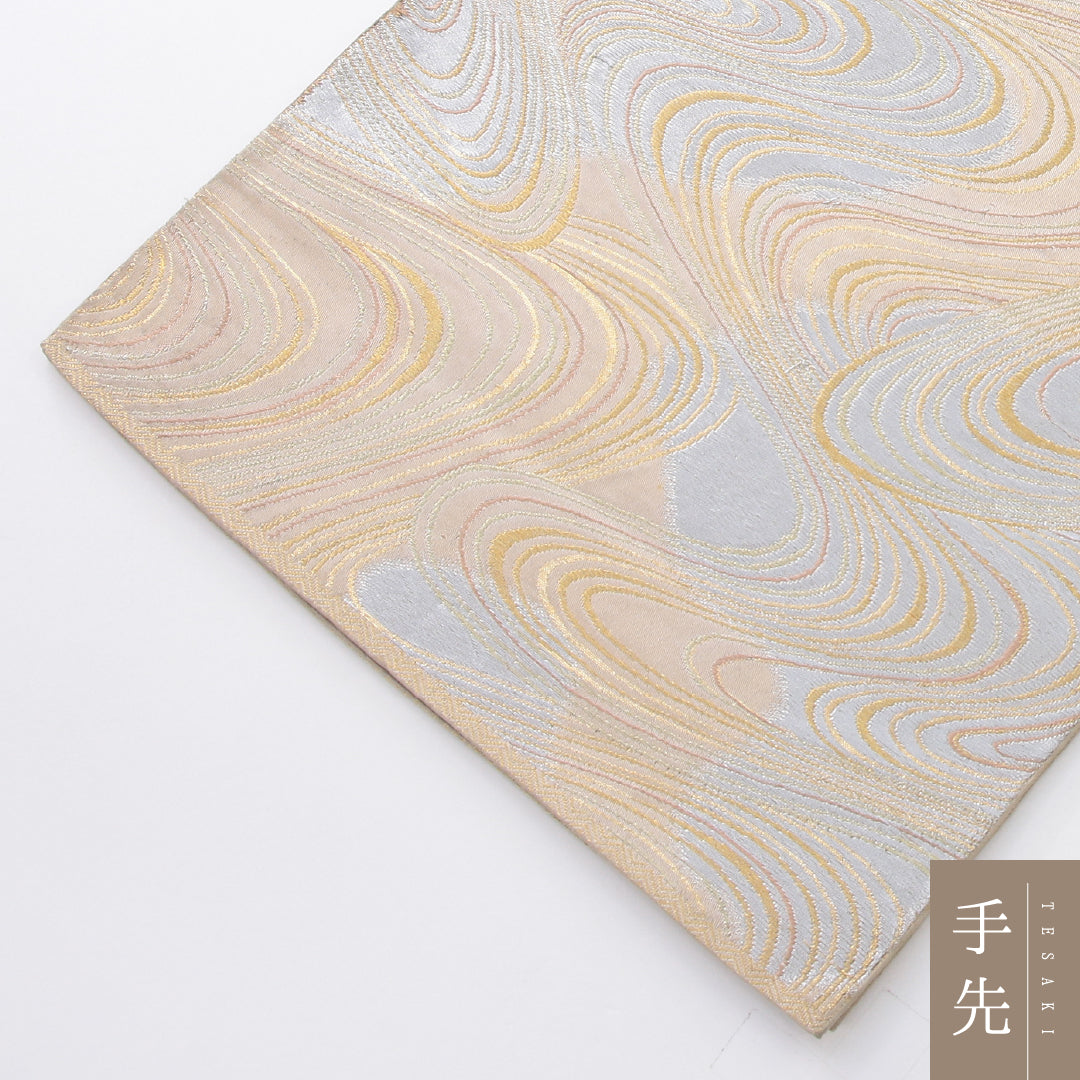 袋帯 帯丈412cm セミフォーマル 六通 Cランク 正絹 流水 ベージュ系 1223-02250