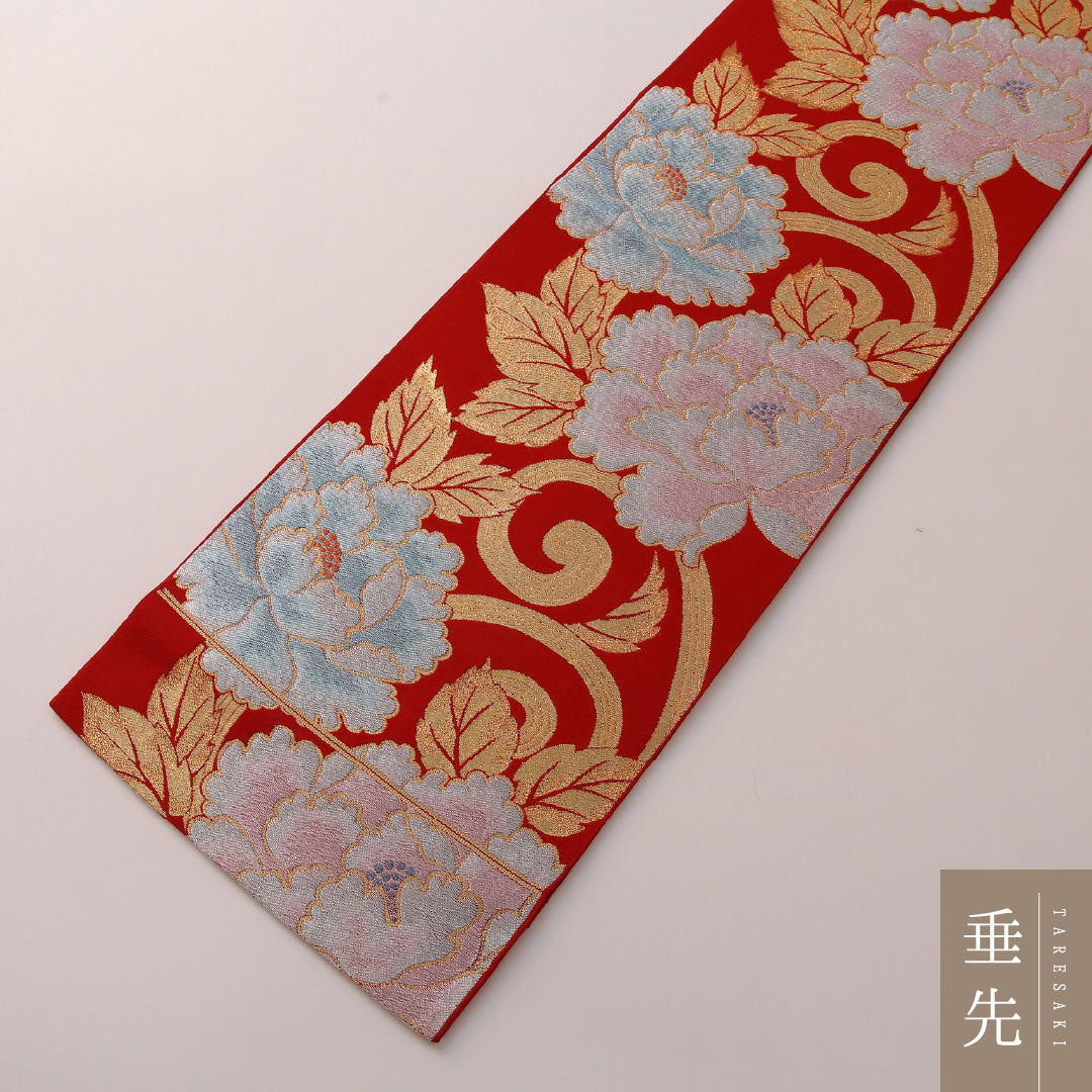 アンティーク 袋帯 帯丈424cm 六通 Aランク 正絹 唐草牡丹 赤系 金系 1223-01918