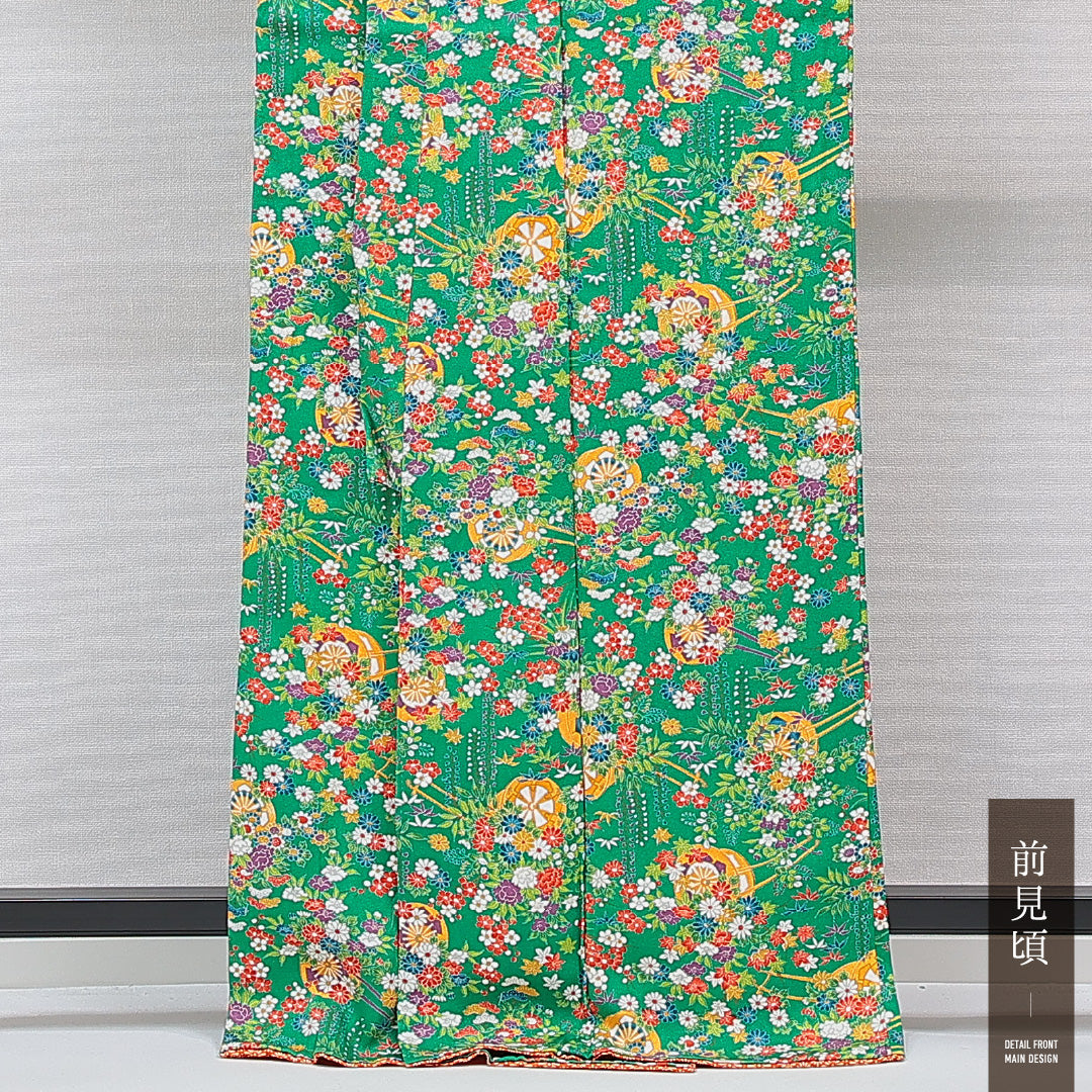 小紋 袷 身丈164cm 裄丈62cm 正絹 Sランク インフォーマル バチ衿 Lサイズ 花車 緑系 RP 1221-15342