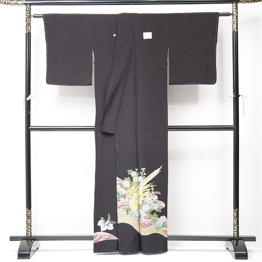 黒留袖 袷 身丈160cm 裄丈64cm 五つ紋 五三桐 フォーマル Sランク Lサイズ ポリエステル 洗える着物 広衿 鳥 菊 1211-F0712