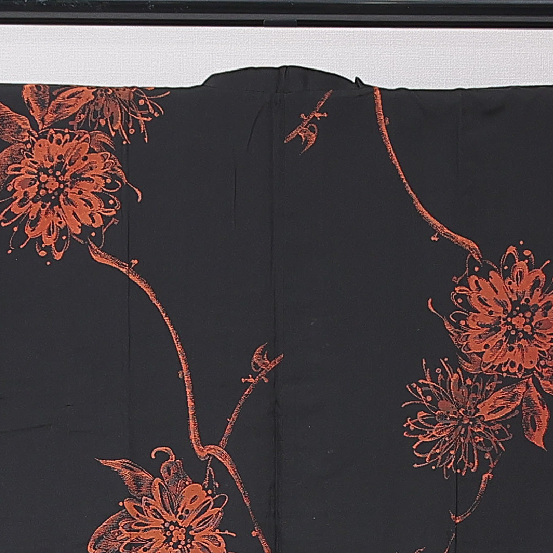 アンティーク 道行コート（お召） 袷 身丈88cm 裄丈62cm 正絹 Aランク Sサイズ ポケットあり 花柄 黒系 1263-16802