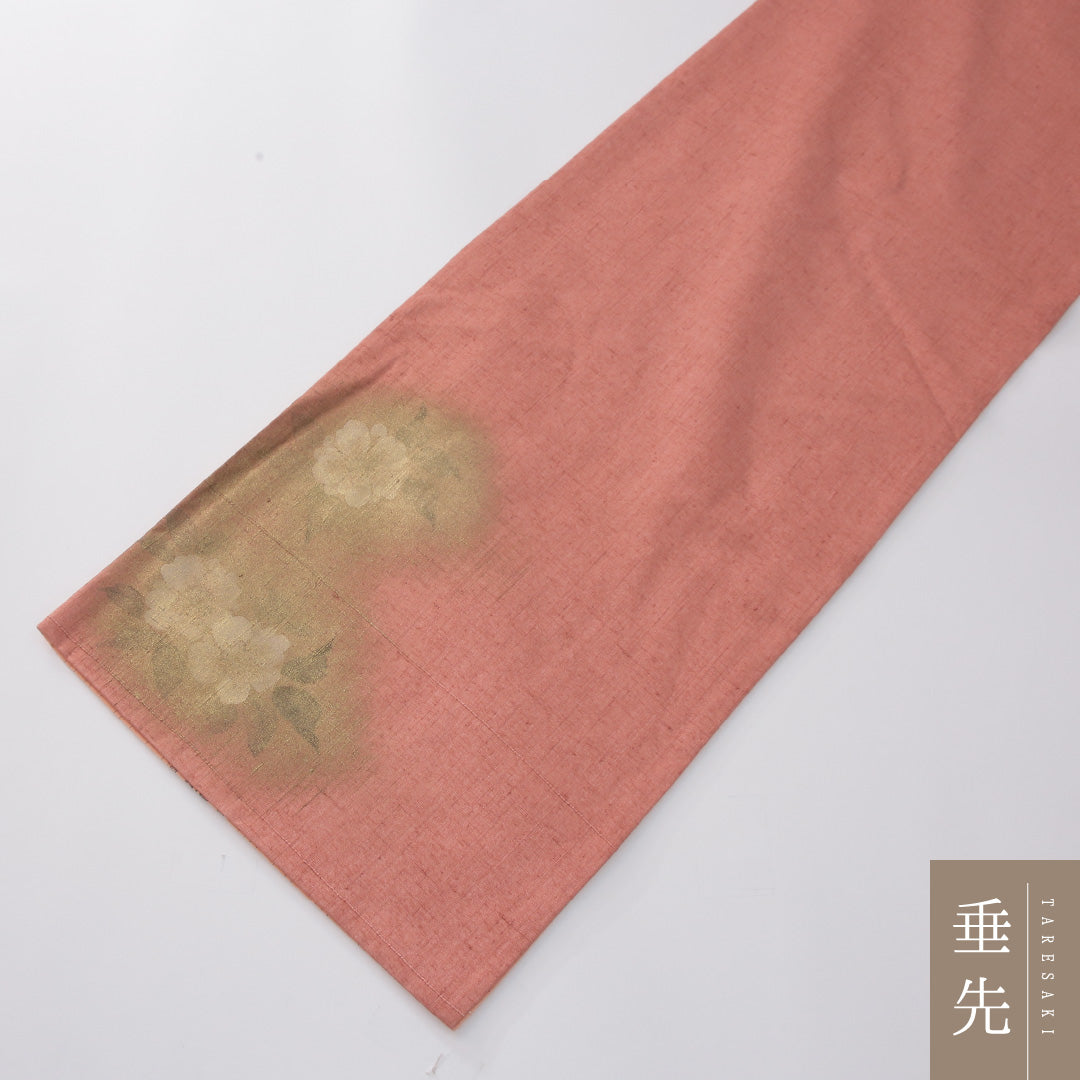 袋帯（紬） 帯丈450cm 正絹 六通 染め帯 カジュアル 染め紬 椿 ピンク系 1243-02288