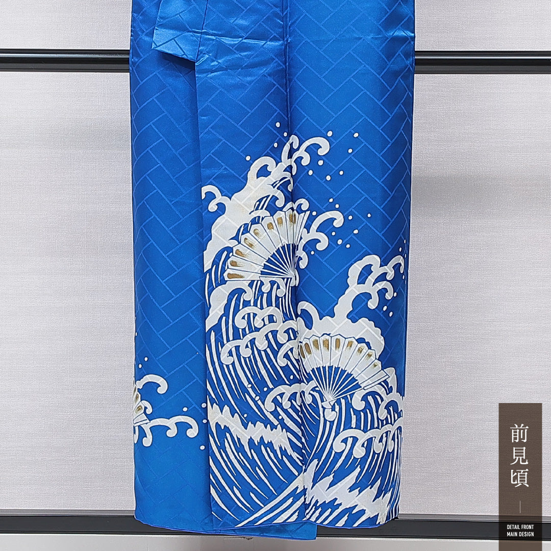 訪問着 袷 身丈150cm 裄丈60cm 正絹 Cランク Sサイズ 広衿 セミフォーマル 扇 波頭 金彩 青系 1212-15902