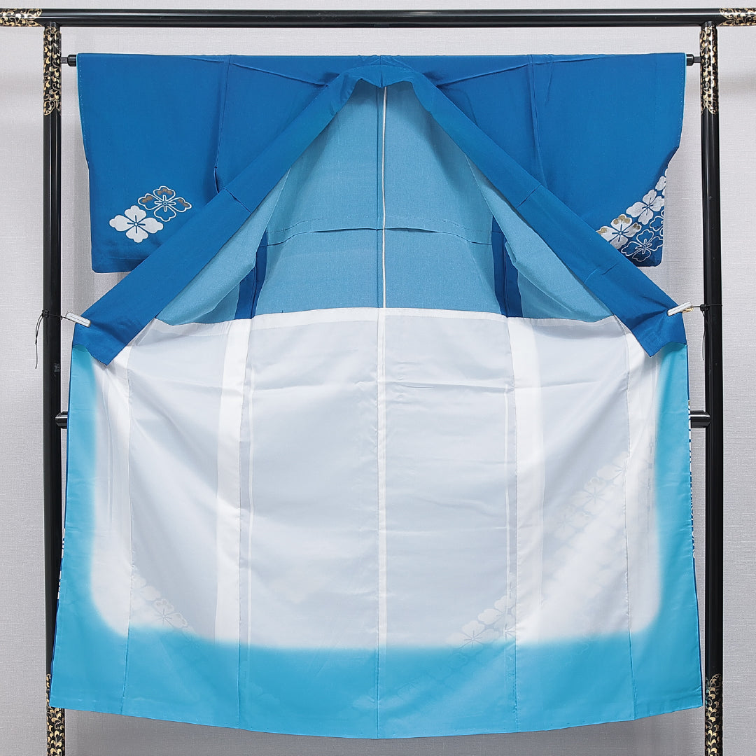 付下げ 洗える着物 胴抜き 身丈154cm 裄丈64cm ポリエステル Aランク Sサイズ バチ衿 インフォーマル 花菱 青系 1261-16323