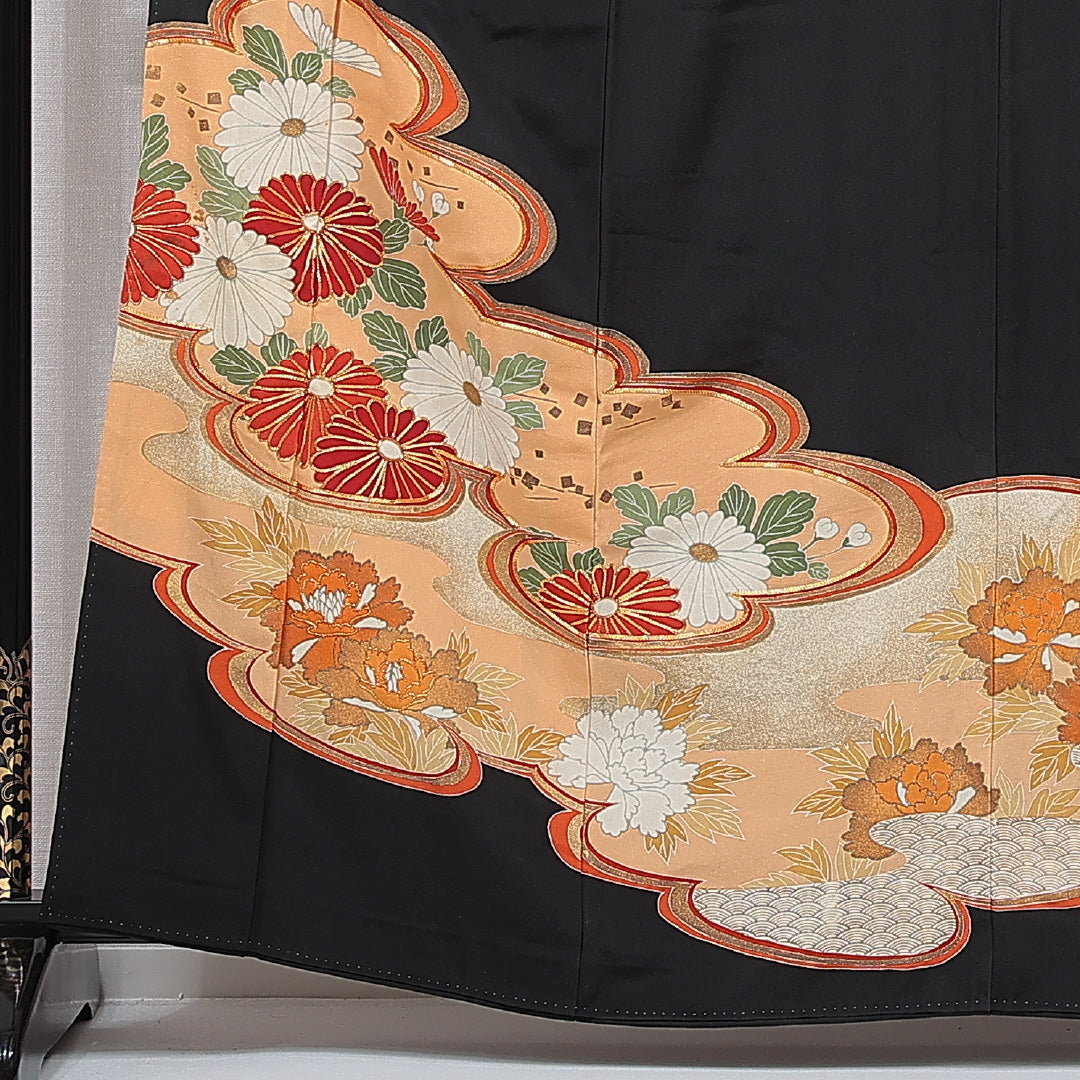 黒留袖 袷 身丈159cm 裄丈65cm 五つ紋 五三桐 フォーマル Cランク Mサイズ 正絹 比翼仕立て 広衿 菊 金駒刺繍 1211-F0740