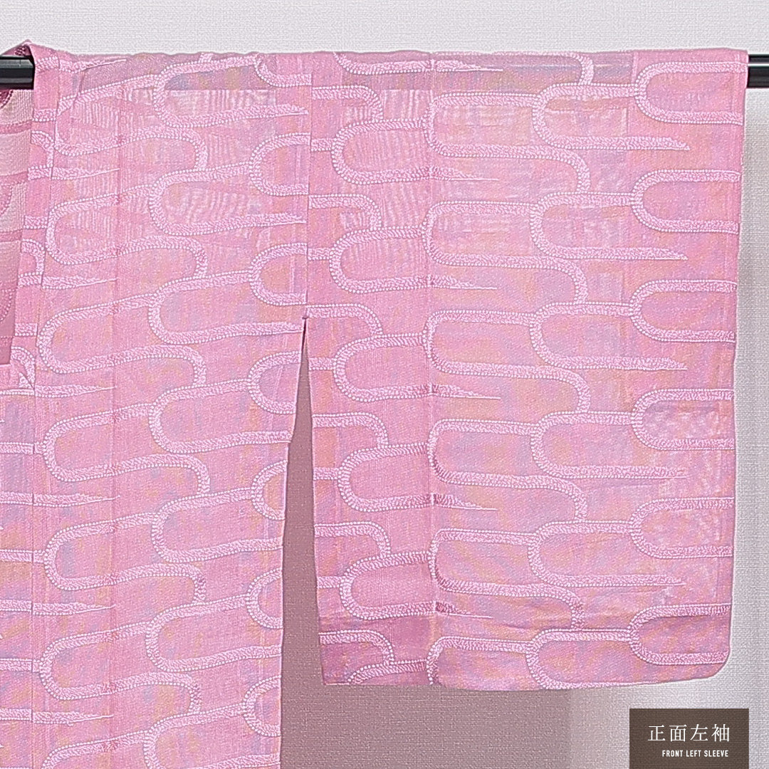 夏物 洗える着物 道行コート 紗 身丈88cm 裄丈61cm ポリエステル Sランク セミフォーマル Sサイズ 落款 幾何学柄 ピンク系 RP 1237-16184