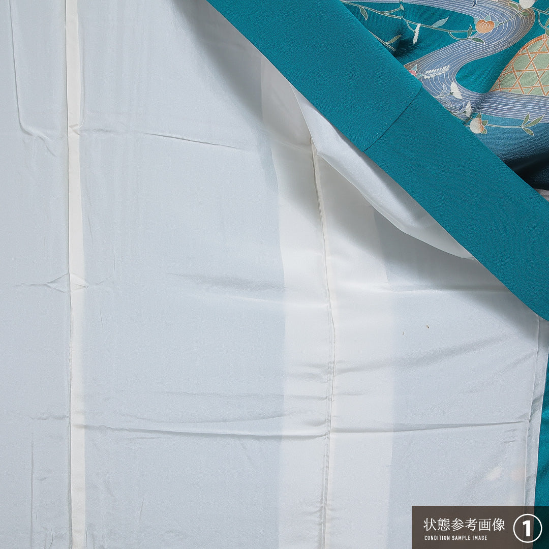 訪問着 洗える着物 袷 身丈156cm 裄丈65cm ポリエステル Sランク Mサイズ 広衿 セミフォーマル 流水 橘 金駒刺繍 緑系 青系 1212-16086