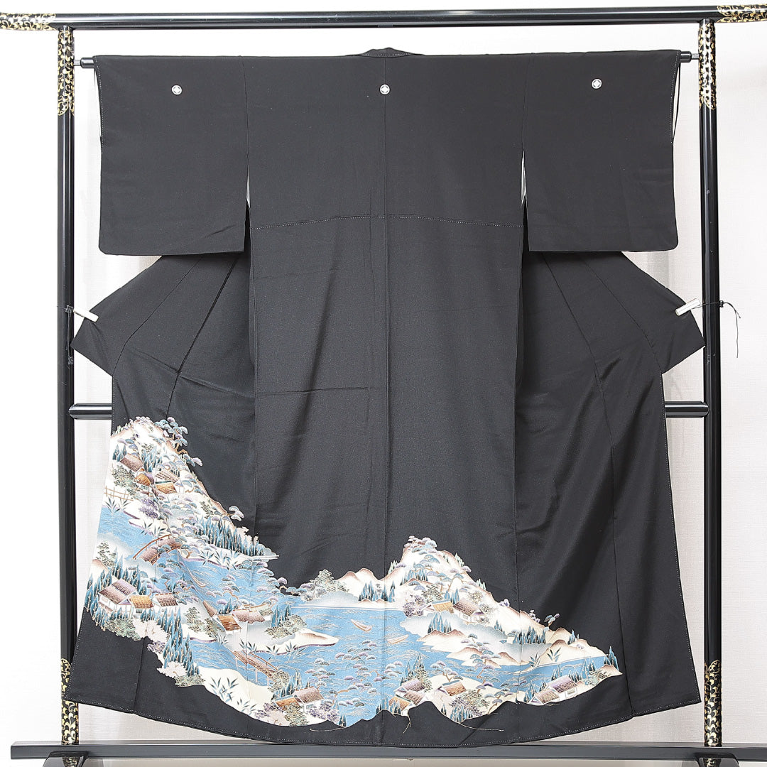 黒留袖 袷 身丈153cm 裄丈62cm 五つ紋 四つ目菱 フォーマル Sランク Sサイズ 正絹 比翼仕立て 広衿 茶屋辻 松 1211-F0711