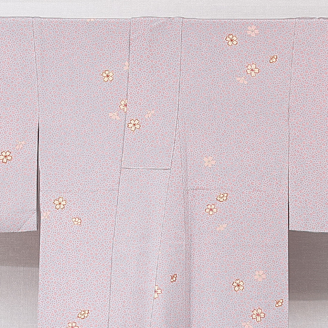 小紋 袷 身丈162cm 裄丈65cm 正絹 Bランク インフォーマル 広衿 Lサイズ 桜 グレー系 RP 1221-15198