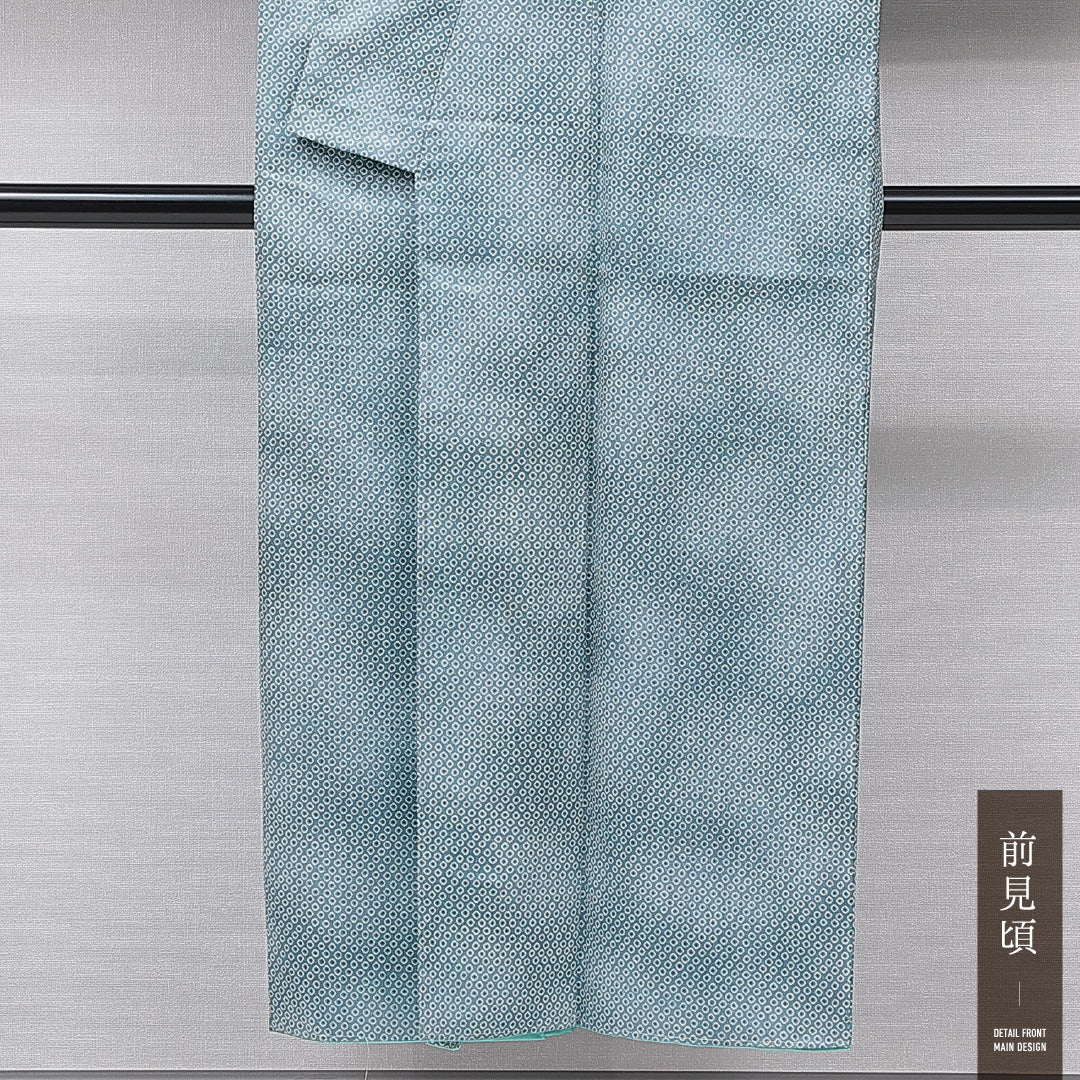 小紋 洗える着物 袷 身丈147cm 裄丈64cm ポリエステル Sランク XSサイズ 広衿 インフォーマル 鹿の子柄 緑系 1215-15794