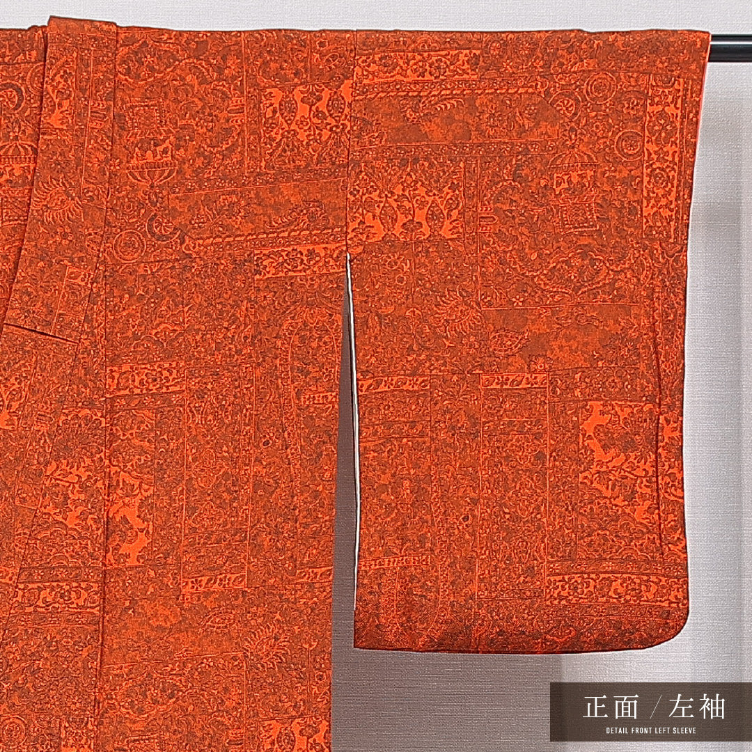 アンティーク 小紋 袷 身丈155cm 裄丈62cm 正絹 Aランク Mサイズ バチ衿 更紗 ちりめん 花柄 赤系 朱系 1215-15683