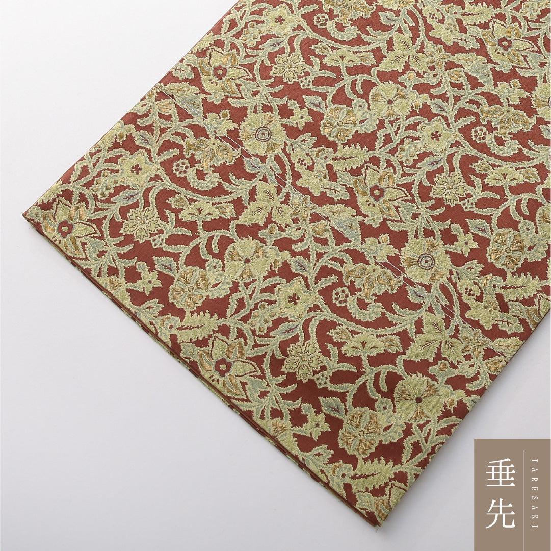 九寸名古屋帯 帯丈364cm カジュアル 開き仕立て 全通 Sランク 正絹 花柄 茶系 1224-03826