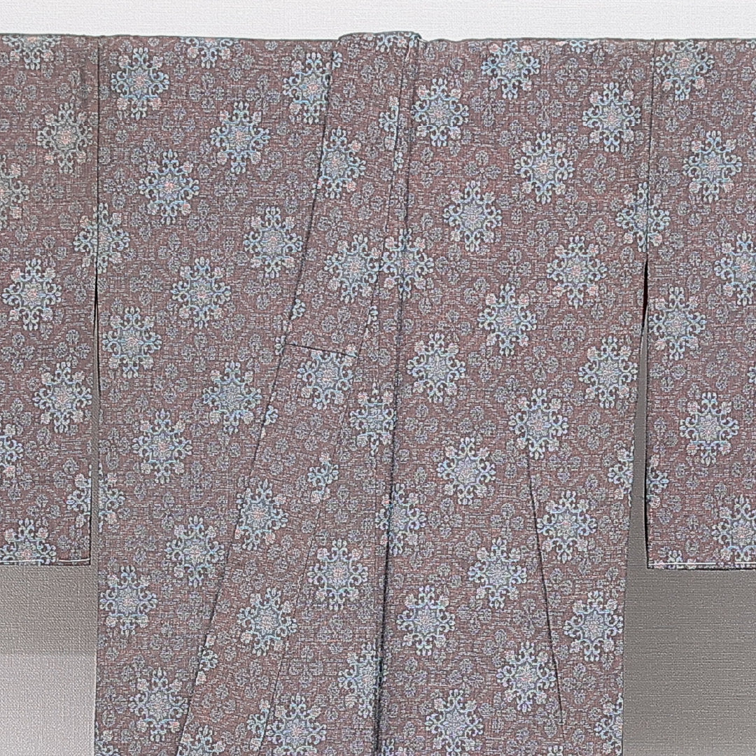 アンティーク 紬 袷 身丈150cm 裄丈61cm 正絹 Dランク バチ衿 Sサイズ アラベスク文様 茶系 RP 1223-16424