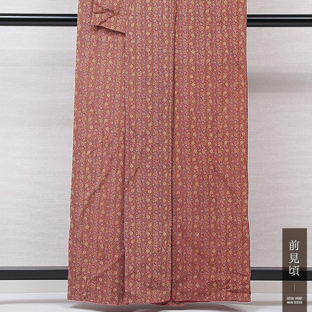 小紋 袷 身丈159cm 裄丈63cm 正絹 Aランク インフォーマル 広衿 Mサイズ 唐草 菊 茶系 RP 1221-15334