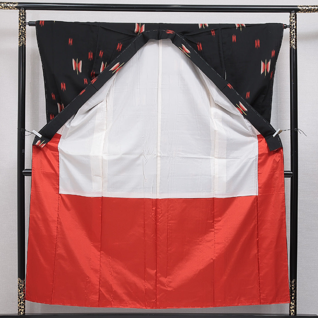 アンティーク お召 袷 身丈155cm 裄丈63cm 正絹 Aランク Mサイズ バチ衿 創作柄 黒系 1265-15968