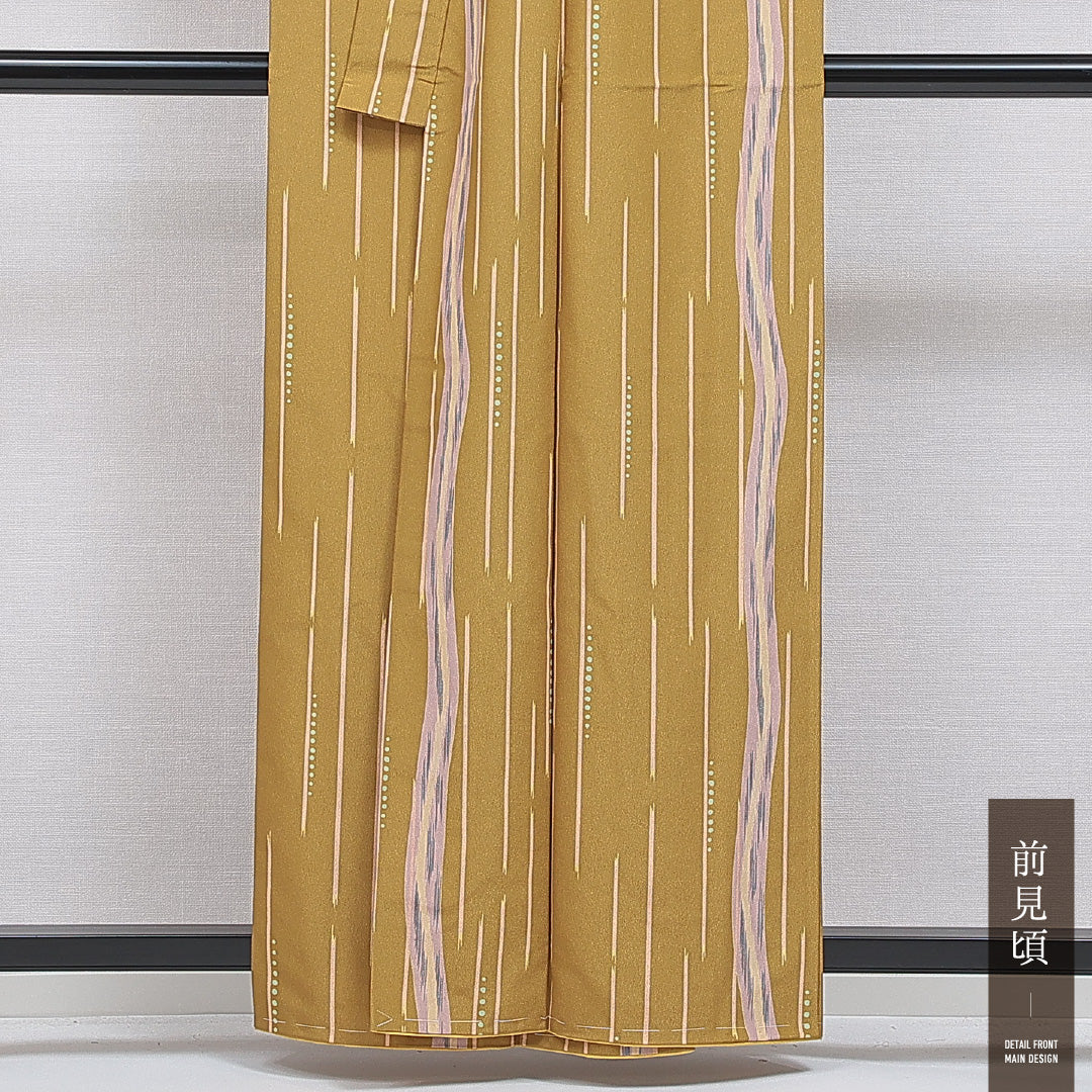 洗える着物 小紋 袷 身丈159cm 裄丈65cm ポリエステル Sランク インフォーマル バチ衿 Mサイズ 創作柄 黄系 RP 1221-16251