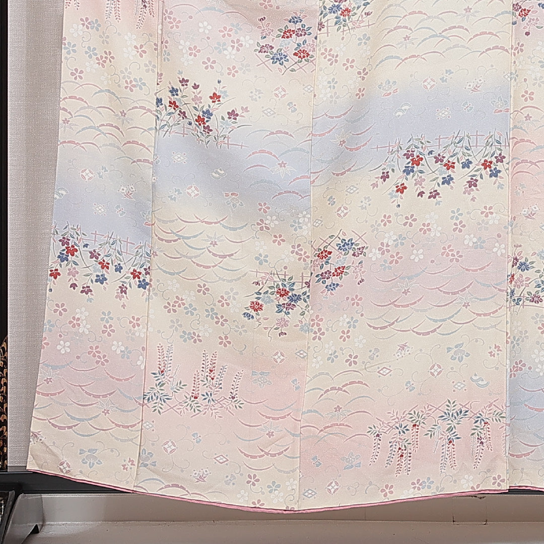 小紋 袷 身丈161cm 裄丈64cm 正絹 Cランク インフォーマル 広衿 Lサイズ 古典柄 クリーム系 HP 1221-15509