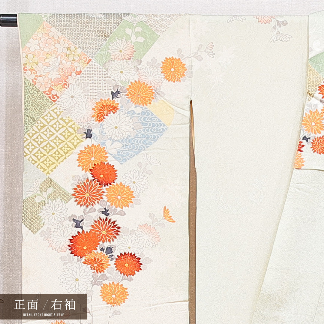振袖 袷 身丈160cm 裄丈64cm フォーマル Cランク Lサイズ 正絹 広衿 七宝 菊 1213-F0758