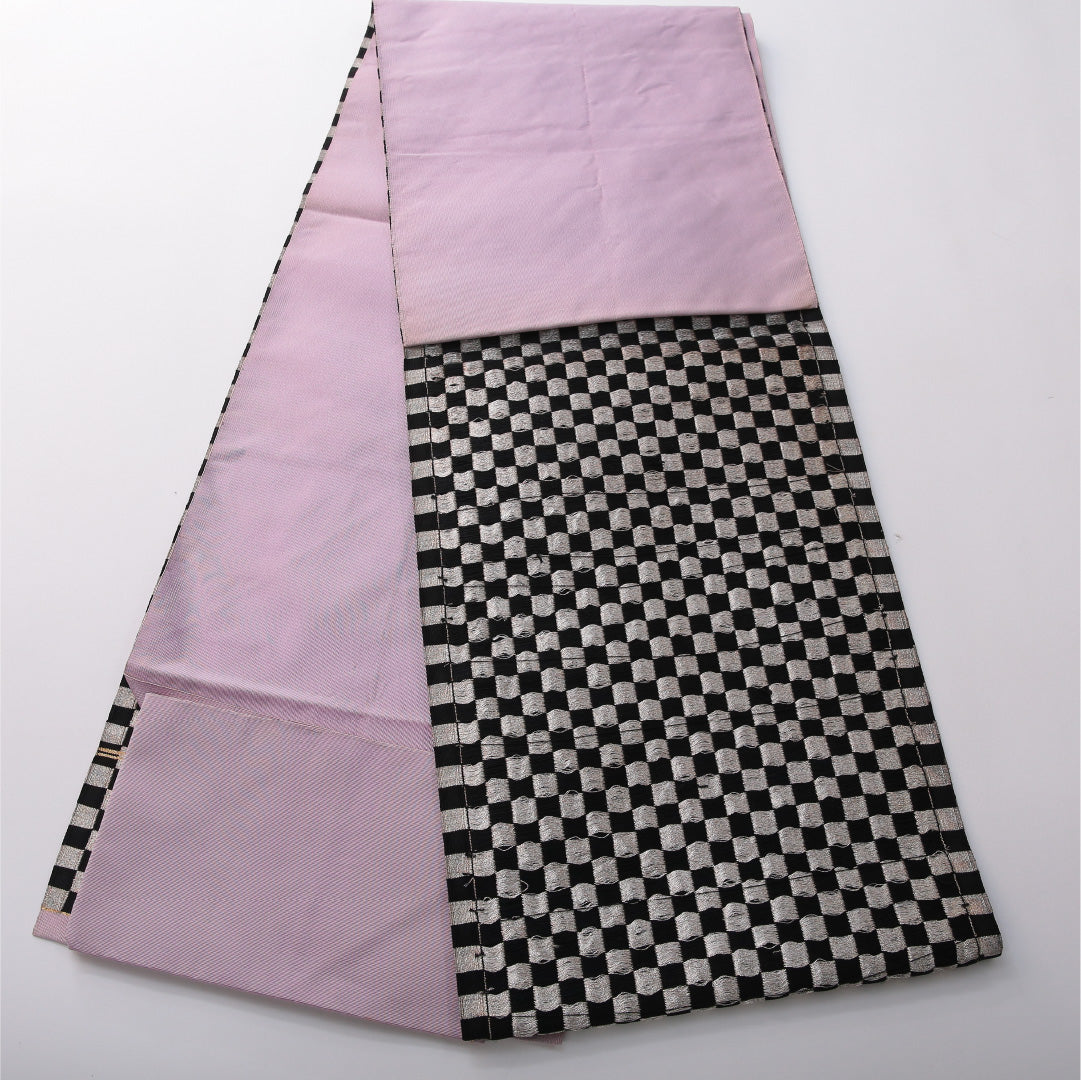 八寸名古屋帯 帯丈355cm カジュアル 松葉仕立て 六通 帯芯なし Cランク 正絹 市松 クリーム系 銀系 1224-03511